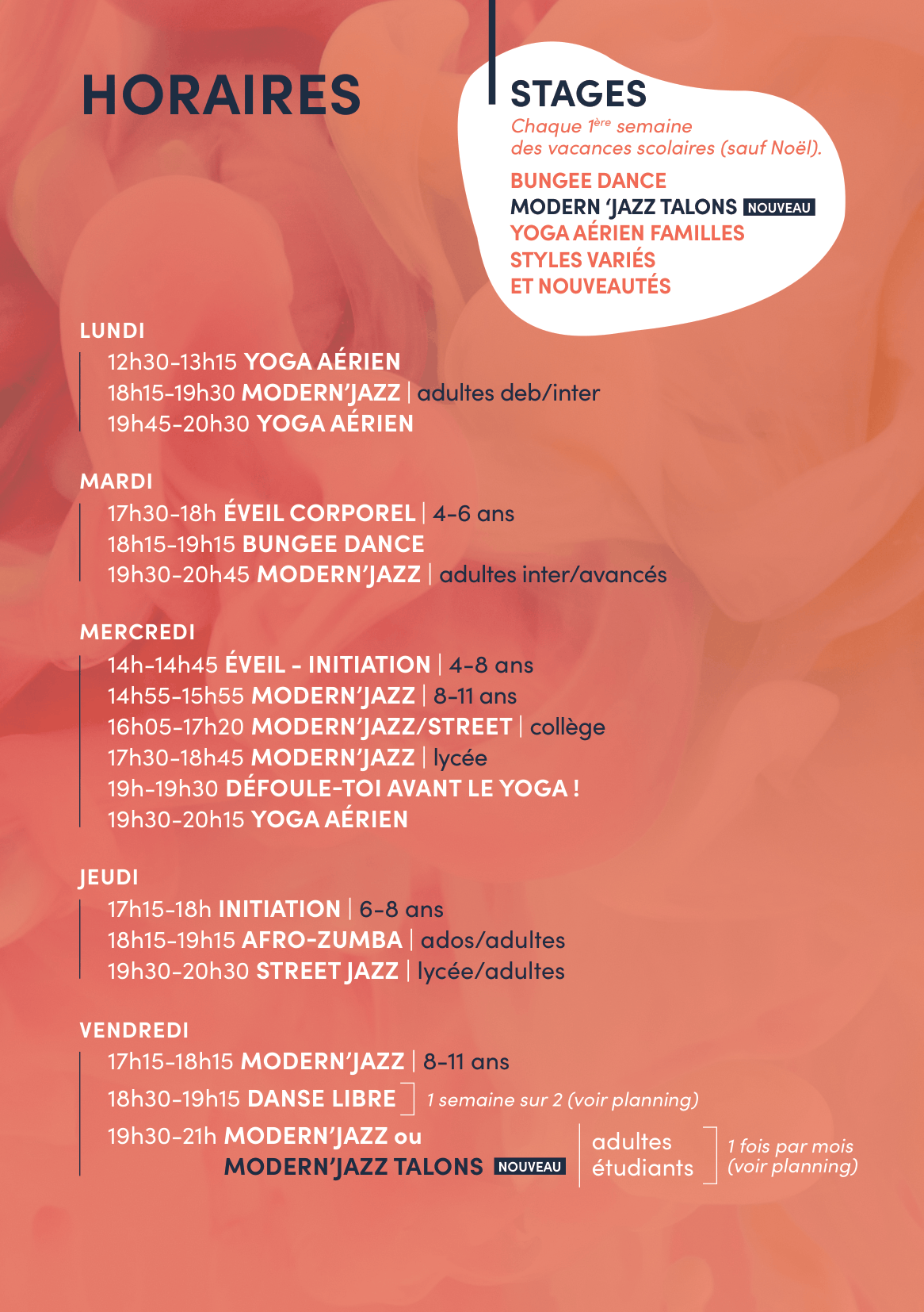 Horaires et stages Espace Free Dance 2026-2027